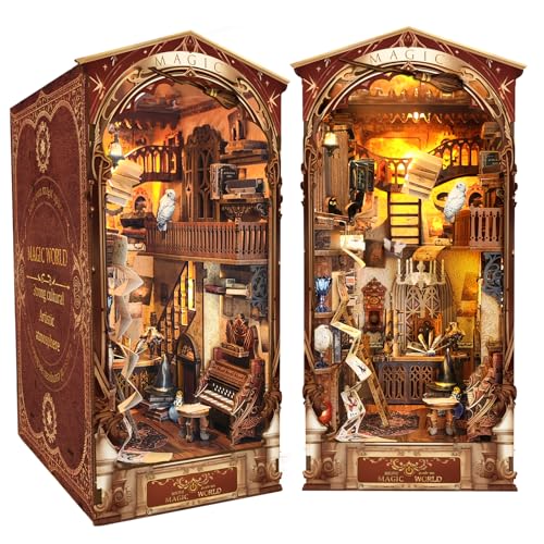 Book Nook DIY Kit, MOJINO Puppenhaus Holz Booknook Miniatur Haus Kit mit Möbeln und LED-Licht Magische Welt 3D Puzzle Buchstützen aus Holz Geschenkdekoration für Jugendliche