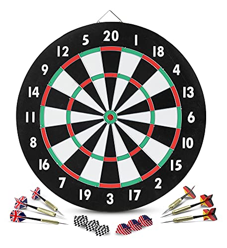 Stagecaptain DBP-1810 Bullseye Papier-Dartscheibe mit Pfeilen - Einsteiger Steeldartscheibe aus Paper Board - Dartboard zweiseitig bespielbar - Dart Scheibe mit 6 Dartpfeilen und 4 Sets Flights
