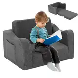 Kidirect Kindersofa Ausklappbar 2 in 1, Kinder Sofa Kinderzimmer aus Samt mit Schaumstoff, Kindercouch Kindersofa mit 8cm dicken Armlehnen, Sofa Kinder für Kuschelecke Kinderzimmer, Grauer Teddy-Stoff