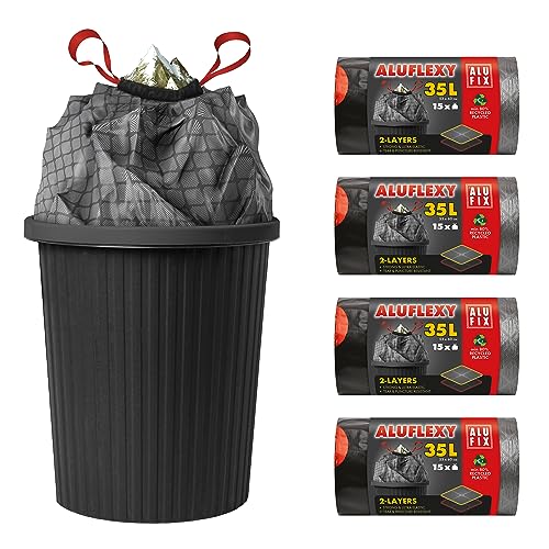 ALUFIX Starke Müllsäcke 35L - ALUFLEXY - 53x60 cm - 4 Rollen mit Zugband mit je 15 Stück - Material LDPE - Extrem Reißfest Schwarze Mülltüten - Für Gastronomie, Haushalt, Reparaturen, Gewerbeabfälle