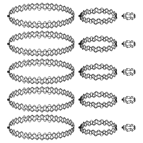 soodyoow 15 Stück Stretchhalsbänder Schwarz, 3 Sets Choker Halskette Sets, Armband, Ringe, Elastische Tattoo Halskette für Mädchen Frauen Teen Geschenk