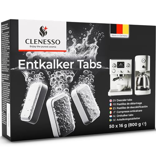 CLENESSO Entkalkungstabletten für Kaffeevollautomaten (50 Stück) – Premium Entkalkertabs kompatibel mit Jura, Bosch, Miele uvm. – Entkalker Kaffeevollautomat Tabs für optimale Pflege