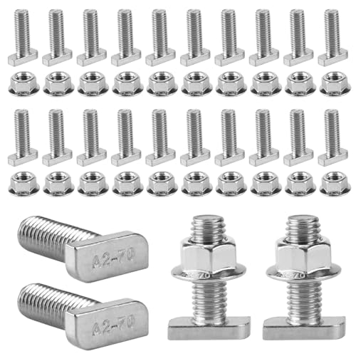 30 Stück Hammerkopfschrauben M10 Set,30mm Schrauben T Nut Bolzen, Edelstahl Photovoltaische Schrauben, mit 30 Stück M10 Hex Nuts With Flange, für Gewächshaus und Photovoltaik-Aluprofil