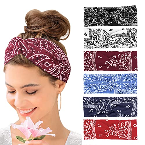 Haarbänder Damen Breite Elastische Weiche 6 Pcs Sommer Boho Stirnband Print Haarschmuck Yoga Sport Haarband Mehrfarbig Dünn Stirnbänder