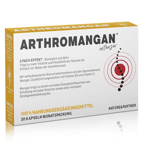 Arthromangan® Kollagen, Hyaluronsäure hochdosiert 500mg Eierschalenmembran | 3 Fach Effekt | Für Gelenke, Knorpel, Knochen, Arthrose | Monatspackung mit Mangan, Vitamin C & D3