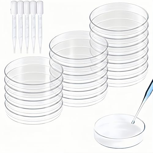 20 Pcs Sterile Plastikpetrischale mit Deckel mit 5 Pcs 3ml Plastikübertragungspipetten, (60x15 mm) Sterile Kulturschalen für Laborbiologie Mikrobiologie Studienwissenschaft, Kunststoff Petrischalen