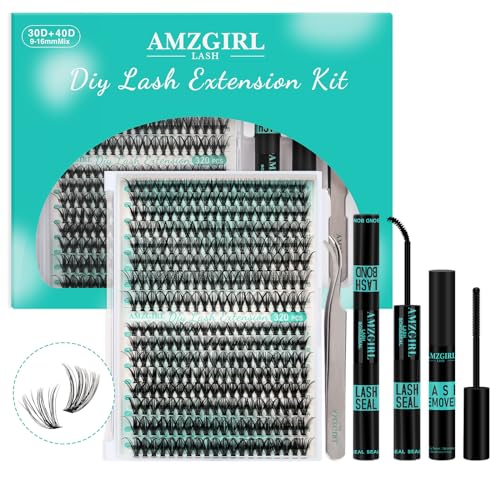 Wimpernverlängerungs-Set, 320-teilig, DIY-Set für einzelne Wimpern-Cluster, Wimpernbindung und -versiegelung, Wimpernentferner für Wimpernverlängerungen, Wimpern-Applikator(3040D, D-Mix9-16 mm Kit 02)