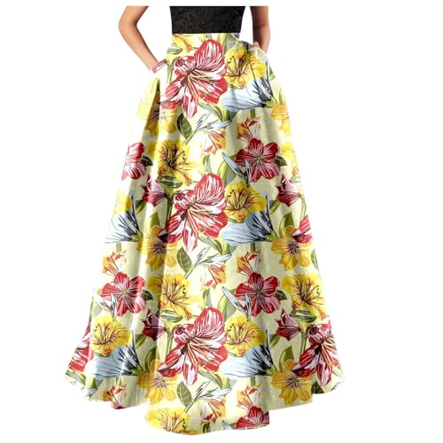 2025 - Frauen Bohemian Blumendruck Maxirock Hohe Taille Tasche Party Strand Langer Rock Kleid O Damen Schwarz (Beige, L)