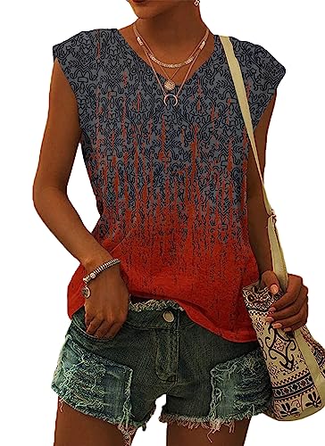 WNEEDU T Shirt Damen V Ausschnitt Cap Sleeve T-Shirt Tank Top Damen Sommer Casual Loose Fit Blusen Farbstoff Graurot XL