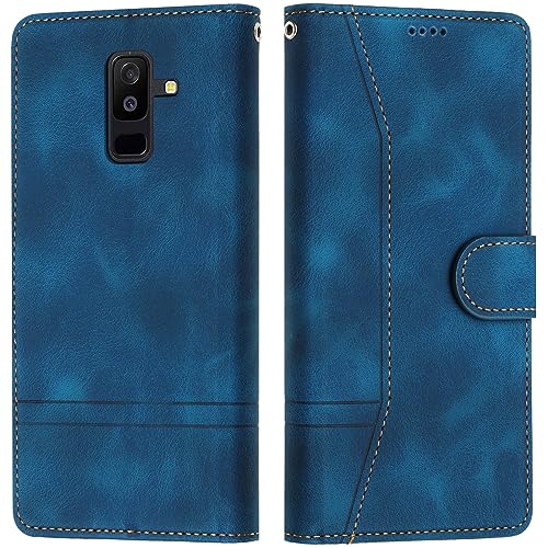 Grandoin Kompatibel mit Samsung Galaxy A6 Plus 2018 Hülle, Handyhülle Samsung A6 Plus 2018, Galaxy A6 Plus 2018 Hülle Klappbar Leder Flip Wallet Case Schutzhülle Klapphülle Samsung A6 Plus 2018 (Blau)