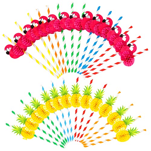 50 Stück 3D Papier Strohhalme Cocktail Strohhalme Flamingo Strohhalmen Ananas Cocktail Sticks Biologisch Abbaubare Einweg Trinkhalme Strohhalmen für Tropical Drinks Strand Hochzeit Hawaii Party Deko