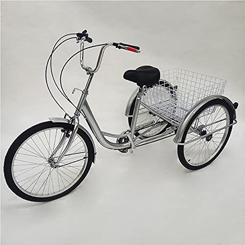 24 Zoll Silbrig Dreirad Für Erwachsene, 6 Gänge, Höhenverstellbarer, Max Tragfähigkeit 110kg, Fahrrad Mit 3 Rädern Mit Korb, Für Städte Strände Fahrradwege, Unisex
