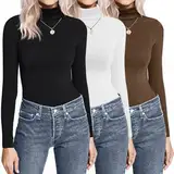 Ekouaer High Neck Top Langarmshirt Damen Winter Rollkragenshirt Slim Fit Basic Tops Gebürstete Turtleneck Pullover 3er Pack, Schwarz+Weiß+Braun, S