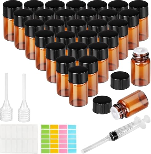 Ysimple 1ml Braune Leere Glasflaschen - 30 Stück Braune Mini Flasche Leer, Tropfflasche Mini Glasflaschen, Tropfflasche Lieferung Mit Pipette Spritze Aufkleber, für Ätherisches Öl, Massage