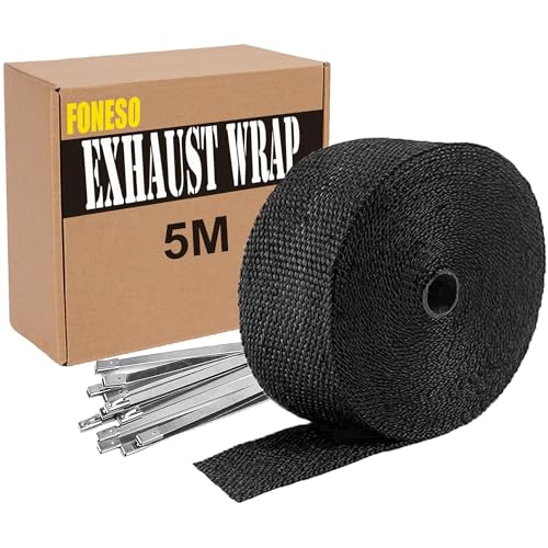 5M Hitzeschutzband Auspuff,Foneso auspuffband,Hitzeschutz Auspuff Bandage,Schwarz Hitzeschutzband mit 10 Kabelbinder Edelstahl,für Motorrad Fächerkrümmer Thermoband Krümmerband