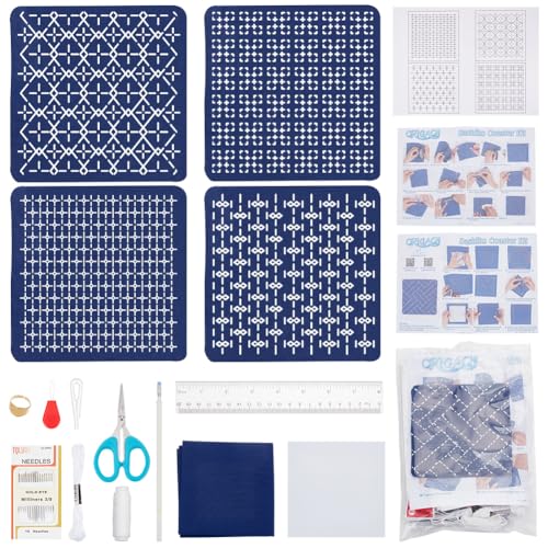 BEUNITONE Weiße Und Blaue Sashiko Untersetzer DIY Set Wasserlösliches Sashiko Teeset Stickvorlagen Set Sashiko Untersetzer Stickset Für Erwachsene Anfänger