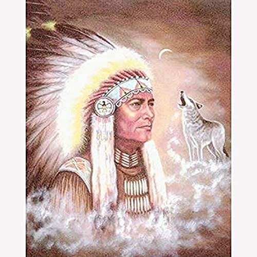 WYWQN Diamond Painting Kits für Erwachsene American Native Indian Man Wolf DIY 5D Diamond Art für Anfänger für Wanddekoration 40x50CM