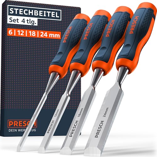 Presch Stechbeitel Set für Holz 4tlg. - Fertig geschliffene Stechmmeisen (6, 12, 18, 24mm) - Profi Stecheisen mit 25° Keilwinkel inkl. robuster Metallschlagkappe