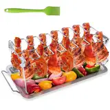 Hähnchenschenkel Halter für Backofen & Grill, Hähnchenbräter aus Edelstahl, Hähnchenhalter für 14 Keulen, Hähnchenkeulenhalter mit Auffangschale, Hähnchen Grill Ständer & BBQ Rack with BBQ-Pinsel