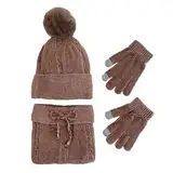 WKAYsIV Schal Herren Winter Blau Latzhandschuh Dreiteiliges Set mit Wolle verdickter warmer Wollmütze 42(Kaffee,Einheitsgröße)