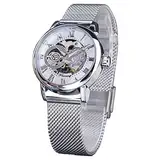 Forsining Damen-Armbanduhr, automatisch, mechanisch, luxuriös, Skelett, goldenes Zifferblatt, Edelstahl-Mesh-Armband, römische Ziffern, selbstaufziehend, silber, Armband