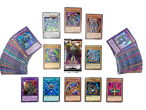 Yu-Gi-Oh! Kartenset mit 100 Karten(85 Commons - 10 rares - 5 Holos) - Garantiert Dunkler Magier oder Blauäugiger w. Drache + 1 Booster + 100 Heartforcards® Hüllen