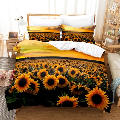 BJCJGGL Bettwäsche 260x240 Sonnenblume Bettwäsche-Set mit Reißverschluss Schließung + 2 Kopfkissenbezug 80x80 cm - Weicher Atmungsaktive Mikrofaser Bettbezug für Erwachsene Kinder