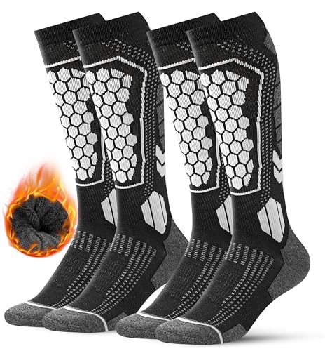 FORVEVO 2 Paar Skisocken Herren 43-46,Merino Wollsocken Gepolsterte,Atmungsaktive Warme Wintersocken,Thermosocken für kaltes Wetter,Outdoor-Sport, Snowboard(Schwarz)