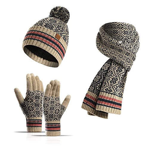 YULOONG Winter Beanie Mütze Schal Touchscreen Handschuhe 3 in 1 Set für Damen Rippstrick Beige