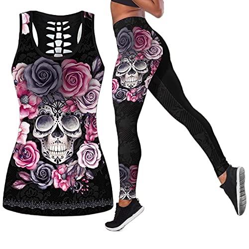 DRZHEAM Frauen 2 Stück ärmellose Totenkopf Tank Tops und hohe Taille Yoga Leggings Gym Outfits Activewear Sportbekleidung (as3, alpha, m, regular, regular, Black-1)