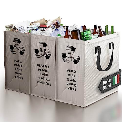 PTMS® Mülltrennsystem Taschen für Papier, Glas und Plastik - Umweltfreundliche Mülleimer 3 Fächer - Recycling Organizer Taschen aus resistenten und wiederverwendbaren Materialien - Einfache Entleerung