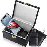 Samfolk Keyless Go Schutz Autoschlüssel Box & 2 Faraday Bag, Faraday Box Strahlenschutz Keyless Go Schutz Box Leder Schwarz (Black, Large)