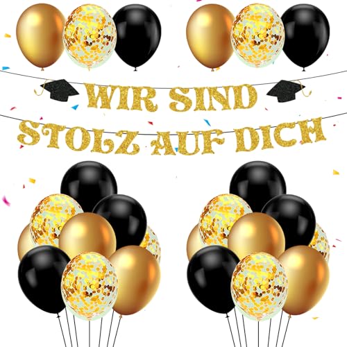 Banner Abschluss Girlande 2025 Set mit 18 Stück Graduation Luftballons, Abschlussfeier Deko, abschluss deko, Schwarz Gold Latexballons Konfetti, für Oberschule Universität Abschlussfeier