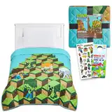 Minecraft Tagesdecke Twin-Set für Kinder – Bündel mit Minecraft gesteppter Tagesdecke für Doppelbett plus Aufkleber, mehr | Minecraft Twin-Bettwäsche-Set für Jungen