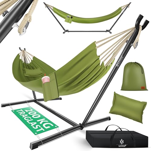 KESSER® Hängematte Lake mit Gestell, Doppel für 2 Personen, 200kg Belastbarkeit, Indoor & Outdoor, XXL Hängesessel, Garten, Pool, Balkon, Terrasse, Inkl. Kissen, Beutel & Tasche, Khaki