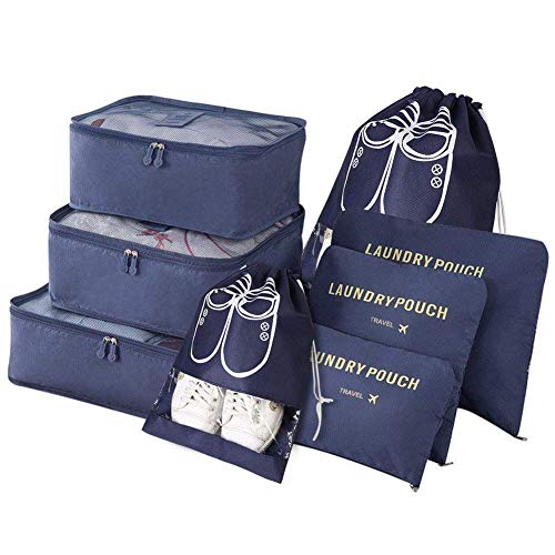 Vicloon Koffer Organizer, 8-in-1-Set Gepäck Organizer, wasserdichte Reise Kleidertaschen umfassen 2 Schuhbeutel, 3 Packwürfel und 3 Aufbewahrungsbeutel, für Kleidung Schuhe Kosmetik - Dunkelblau