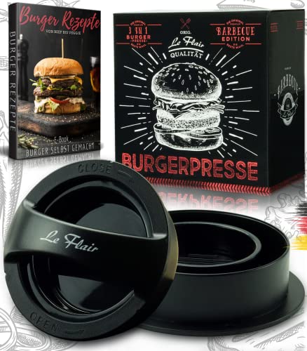 Le Flair® Neuheit 3 in 1 Burgerpresse Set - Hamburgerpresse mit Aufbewahrungstasche - Burger Patty Presse inkl. 50 Blatt Backpapier - Perfektes Grillzubehör Geschenk für Männer I Deutsche Marke