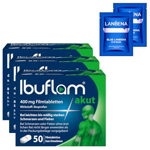 Ibuflam® akut 400 mg Schmerztabletten bei Schmerzen und Fieber | 3x50 Stück Filmtabletten + 2 Augenpads ON TOP | Schnelle Schmerzlinderung und Fiebersenkung mit Ibuprofen | Ibu 400 mg