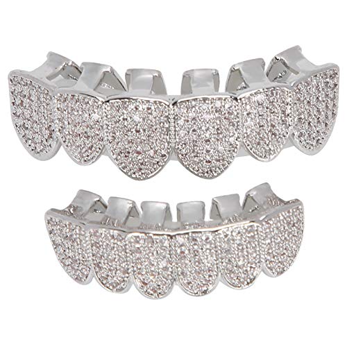 Hip Hop Zähne, Zähne Männer Frauen Iced Out Hip Hop Poker Diamond Top & Bottom, Bling Zähne Dekoration Mund Top Bottom Hip Hop Teeth Grills(Silber)