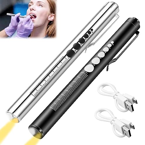 Diagnostikleuchte Pupillenleuchte Medizin, 2 Stück Aufladbar USB LED Stiftlampe mit Pupillenmessgerät und Lineal, Taschenclip alsr Krankenschwestern Ärzte Schüler Stiftlicht (Schwarz und Silber)