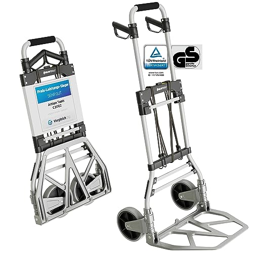 ATHLON TOOLS Schwerlast-Sackkarre klappbar 150 kg - Aluminium - Große Räder leichtgängig mit Soft-Laufflächen und Kugellager, 2 Expanderseile - Modell 2024