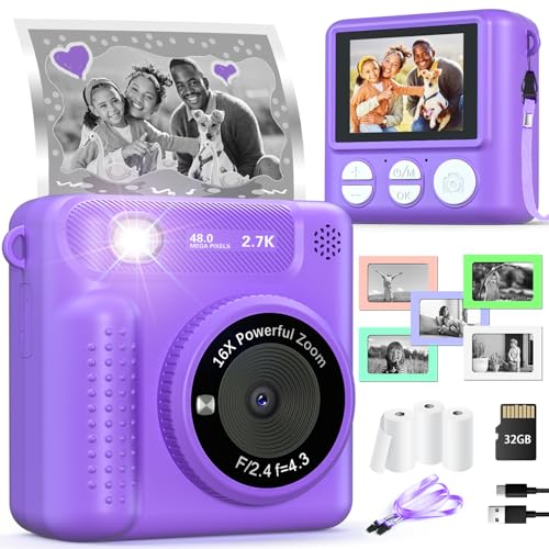 VATOS Kinderkamera Sofortbildkamera, 2.4" 1080P Sofortbildkamera für Kinder,32GB Wiederaufladbare Kinder Digitalkamera mit Musik-Player & Spiel,Weihnachten Geburtstag Geschenke für Mädchen Jungen
