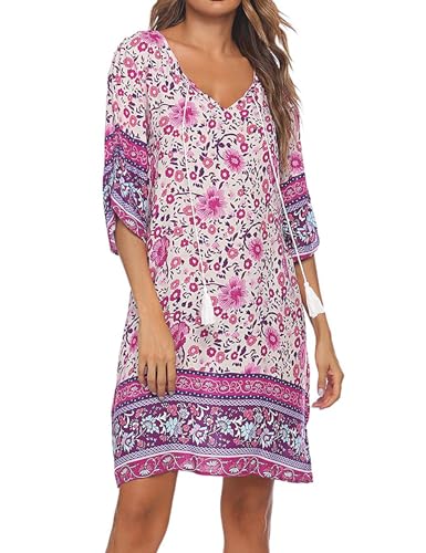 BDTECAOR Sommerkleider für Frauen Mode Casual Blumen Strandkleid Cover Ups Resort Bekleidung Rosa M
