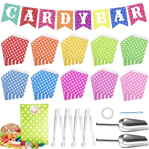 62 Stück Candy Bar Zubehör, Enthält 50 Stück Candybar Tüten und 50 Sticker, 4 Stück Zuckerzange und 2 Stück Schaufel und 1 Girlande, für Büfett Grill Hochzeit Party Geburtstag - Polka Dots