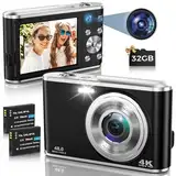 Digitalkamera, AutoFocus 4K Fotoapparat Digitalkamera mit Dual-Kamera mit 32GB Speicherkarte HD 48MP 16X Digitalzoom 2,8" großem Bildschirm Kompaktkamera Fotokamera für Einsteiger（Schwarz）