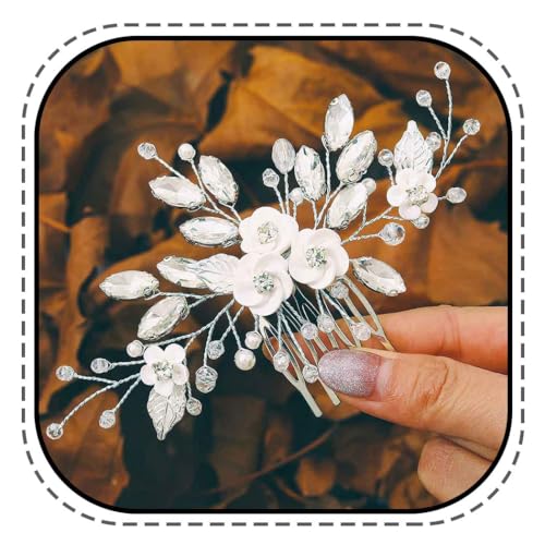 Edary Braut Hochzeit Haarschmuck Silber Blume Haarkamm Perlen Seitenkamm Kopfschmuck für Frauen und Mädchen