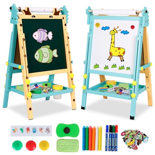 Kinder Spiel Tafel aus Holz|schreibtafel kinder,Kinder Kreidetafel Holzkreidetafel Doppelseitige Kreidetafel und Whiteboard,Höhenverstellbar mit Papierrolle,Zahlen und Anderem Zubehör für Kleinkinder