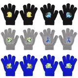 QKURT 6 Paar magische Kinderhandschuhe, Unisex-Winter-Strickhandschuhe dehnbare Vollfinger-Kinder-Fäustlinge Geburtstags- und Weihnachtshandschuhe mit Dinosaurier-Muster für 5–12 Jahre