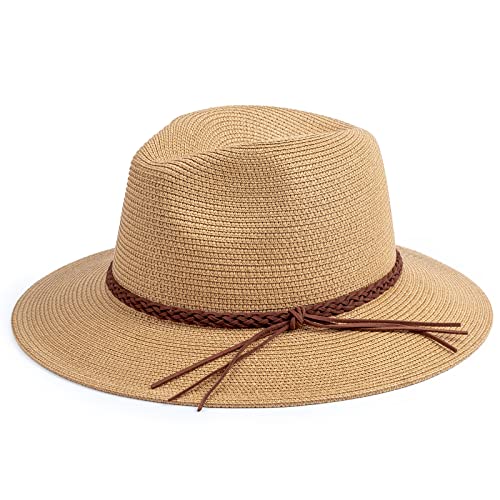 DRESHOW Damen Panama Hut Breiter Krempe Stroh Sommer Fedora Strohhut Panama Aufrollen Hut Strand Rollbar UV Sonnenhut UPF 50 +