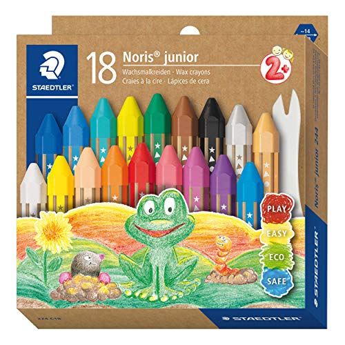 STAEDTLER Wachsmalkreide Noris junior 224, perfekt für kleine Kinderhände, extra bruchsicher, Etui mit 18 Farben, 224 C18